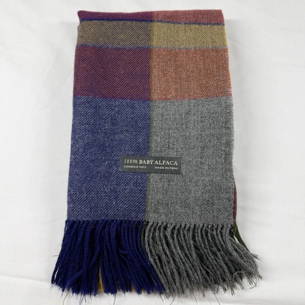 VTG Condor Tips 100% Baby Alpaca Oversized Stole Travel Wrap Scarf Plaid 28x63